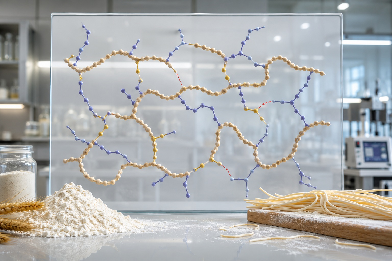 Ilustrasi struktur gluten kurang kuat pada mie